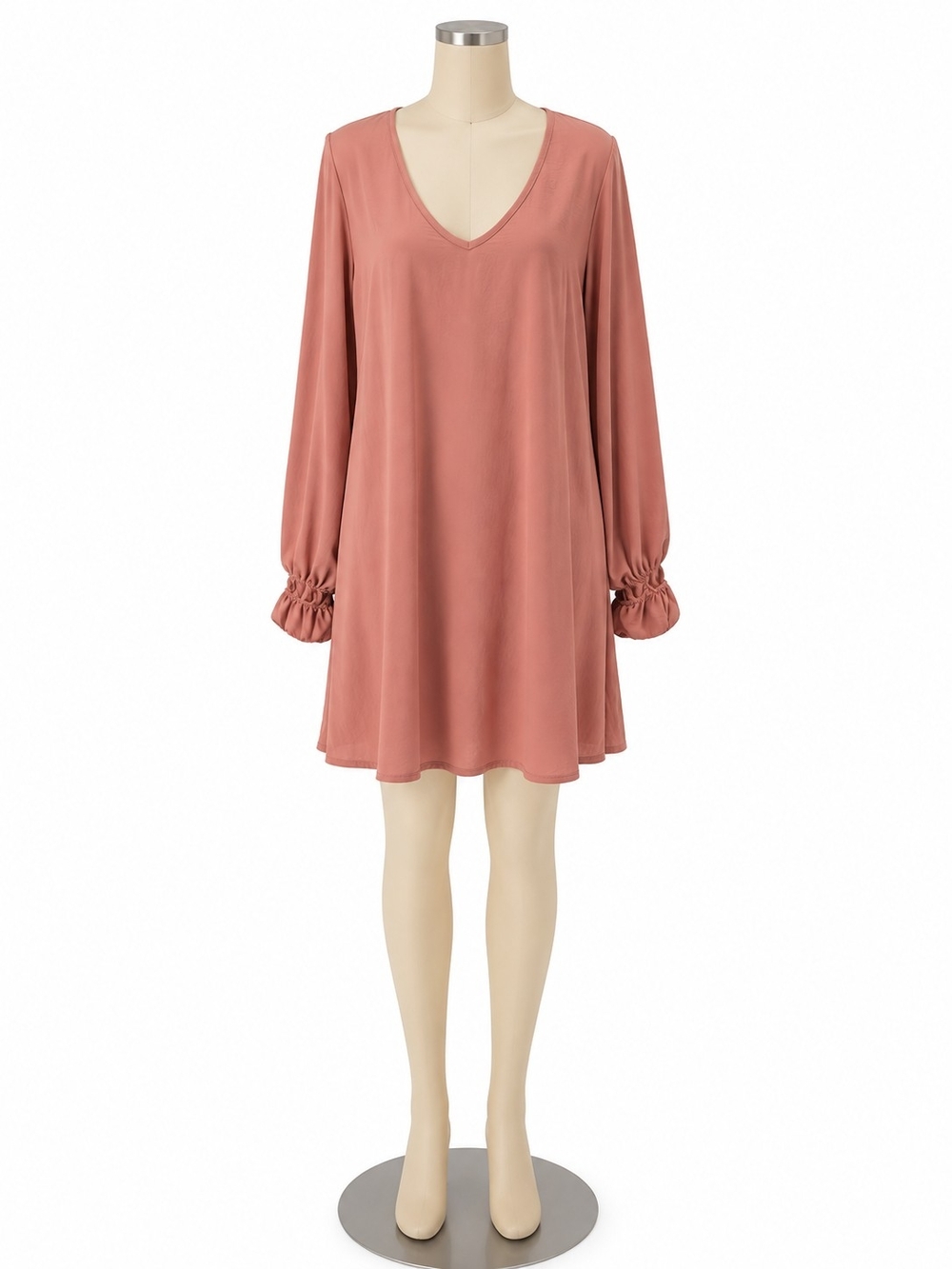 JODIFL Dusty Rose V-Neck Mini Dress with Ruched Cuffs